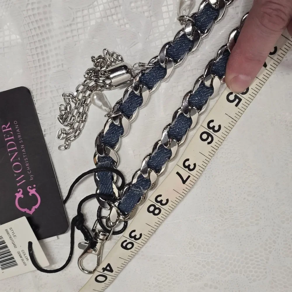 Christian Siriano C Wonder Denim Silver Chain Charms Waist Hips Boho Belt NWT